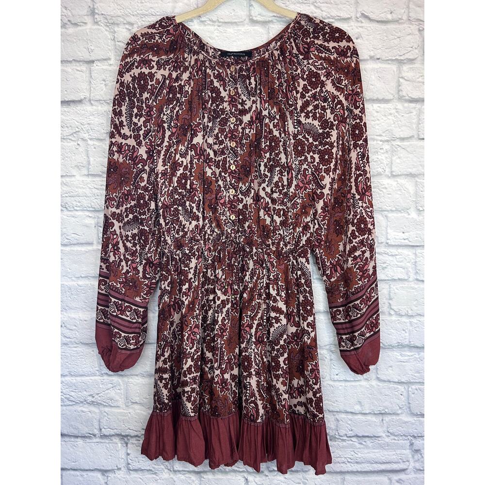 OLIVACEOUS Cottage Core Boho Floral Ruffled Mini Dress Balloon Sleeve Brown Sz M